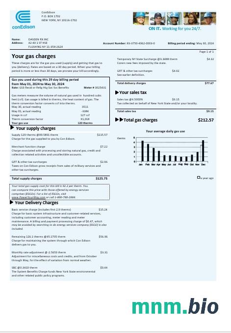 USA Con Edison Gas rachunek za usługi komunalne szablon w formacie Word i PDF